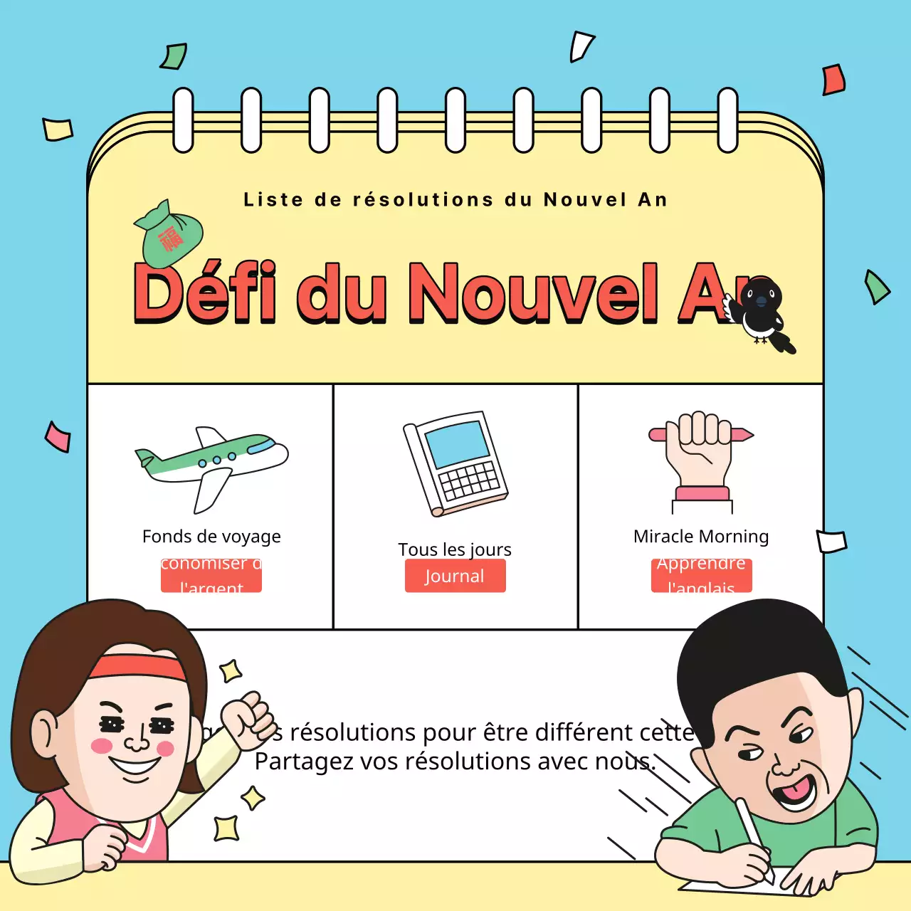 Postes de défi pour le Nouvel An : bleu clair et jaune gag