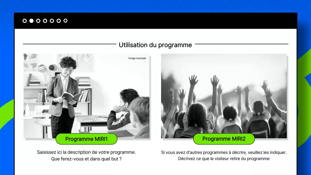 Une publication axée sur la photographie avec des touches de bleu et de chartreuse