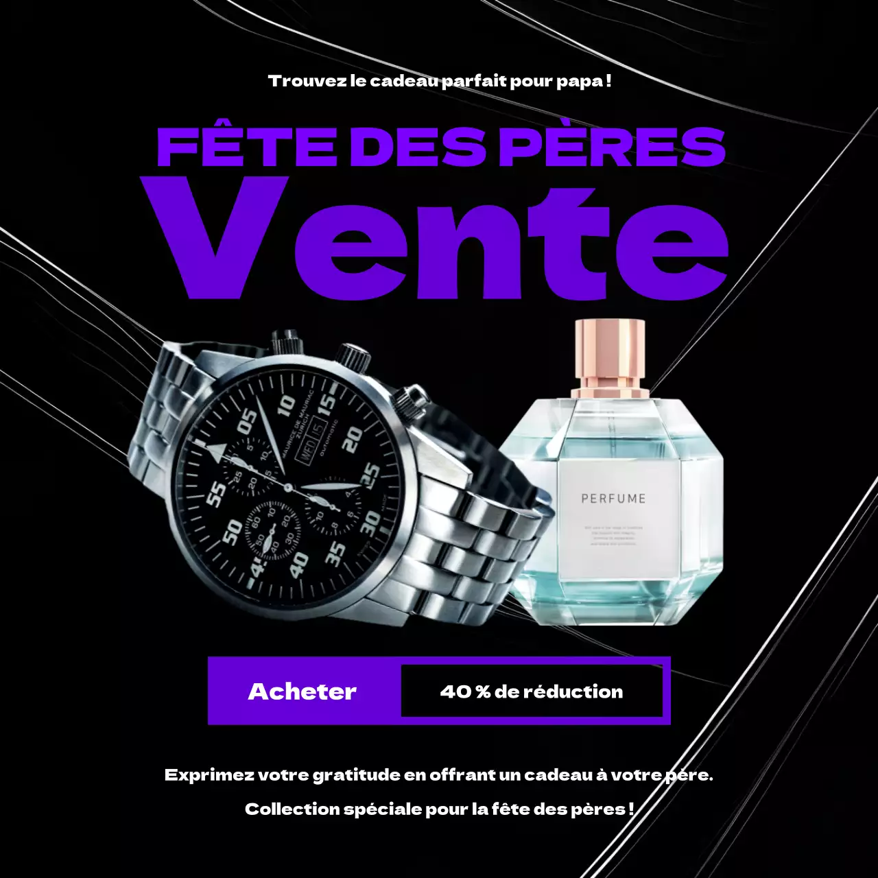 Publicité pour l'événement de vente de la fête des pères "Black and Purple Modern" (noir et violet)
