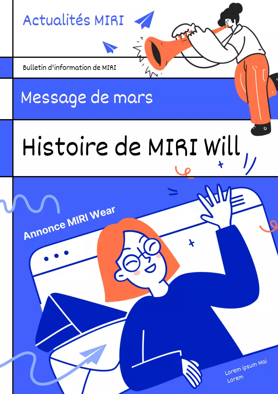 Annonces de la lettre d'information de l'entreprise en bleu et blanc, très kitsch