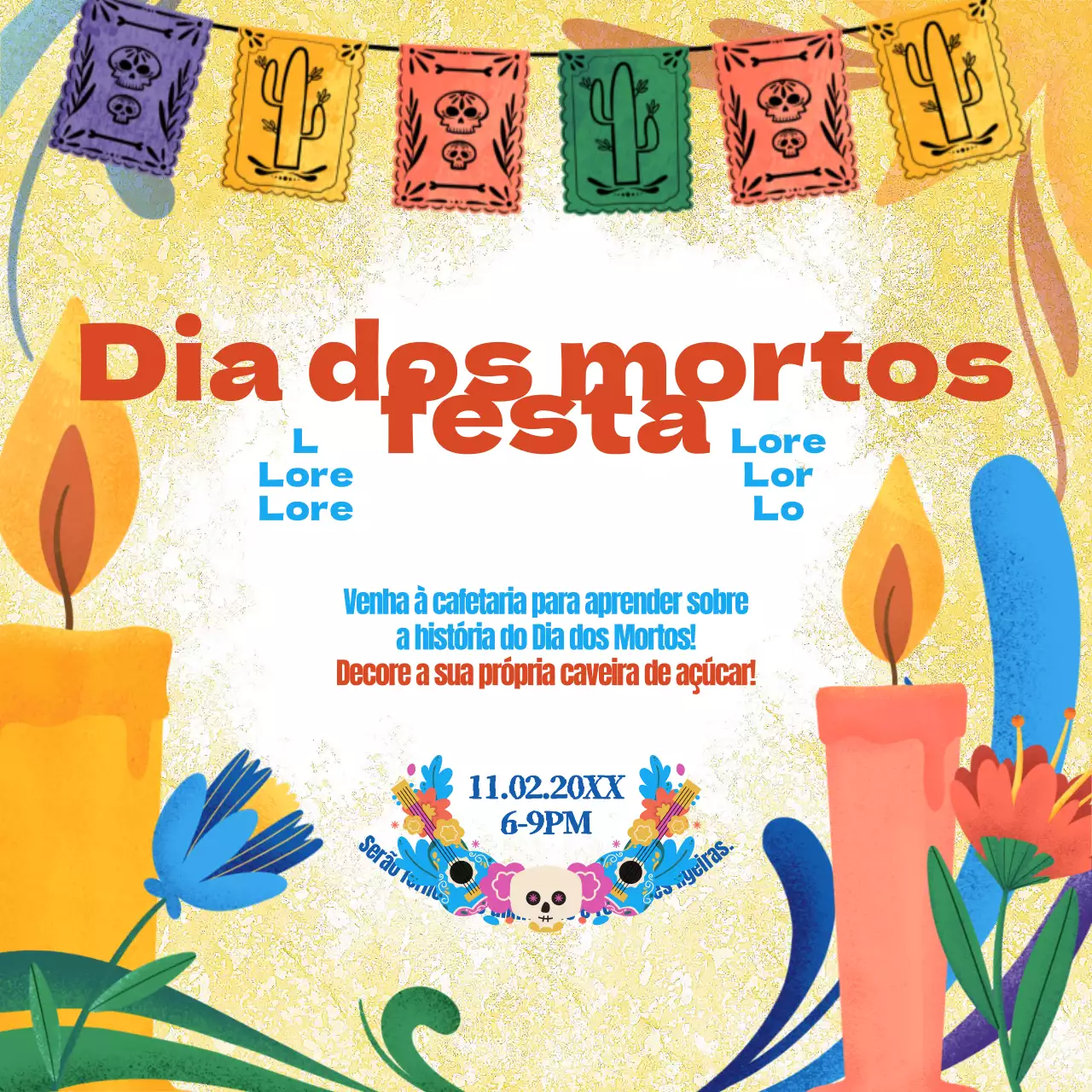 Aviso de festa do Dia dos Mortos amarelo e vermelho kitsch