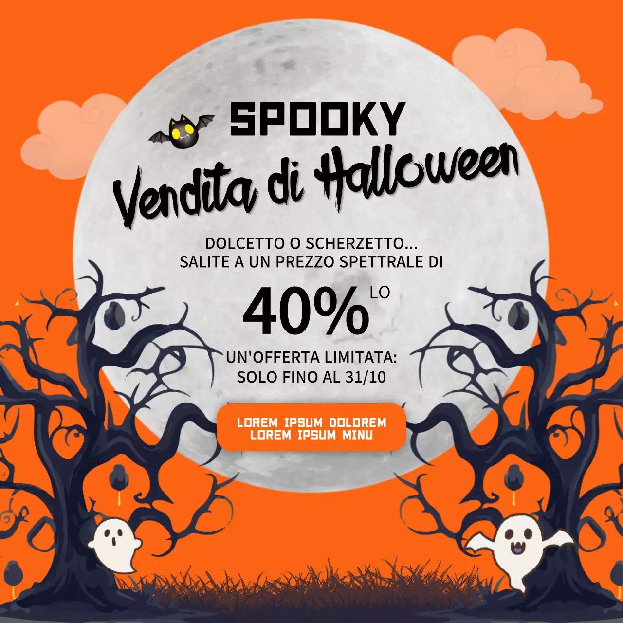 Pubblicità di Halloween fantasy arancione e nera