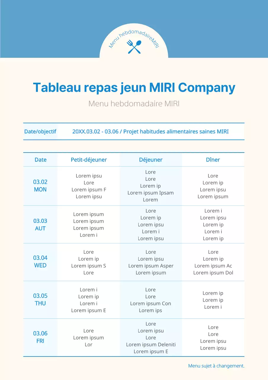 Plan de repas d'entreprise minimaliste en bleu et ivoire