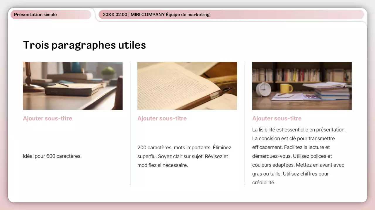 Une mise en page simple, rose et blanche, pour les entreprises