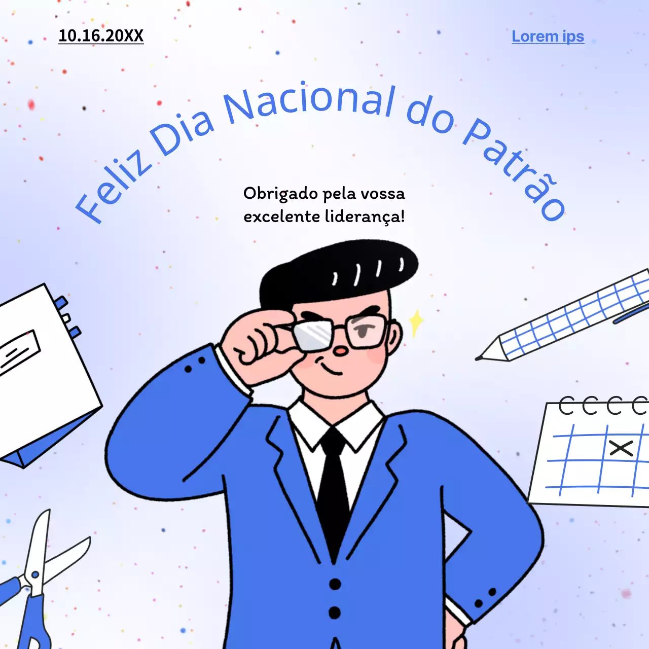 Publicidade simples em azul e branco para o Dia Nacional do Patrão