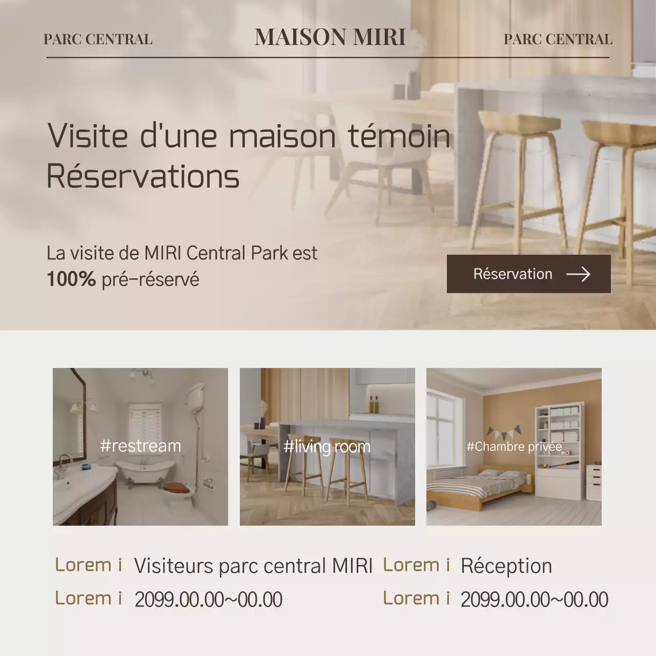 Promouvoir la prise de rendez-vous pour la visite d'une maison témoin moderne de couleur beige et ivoire