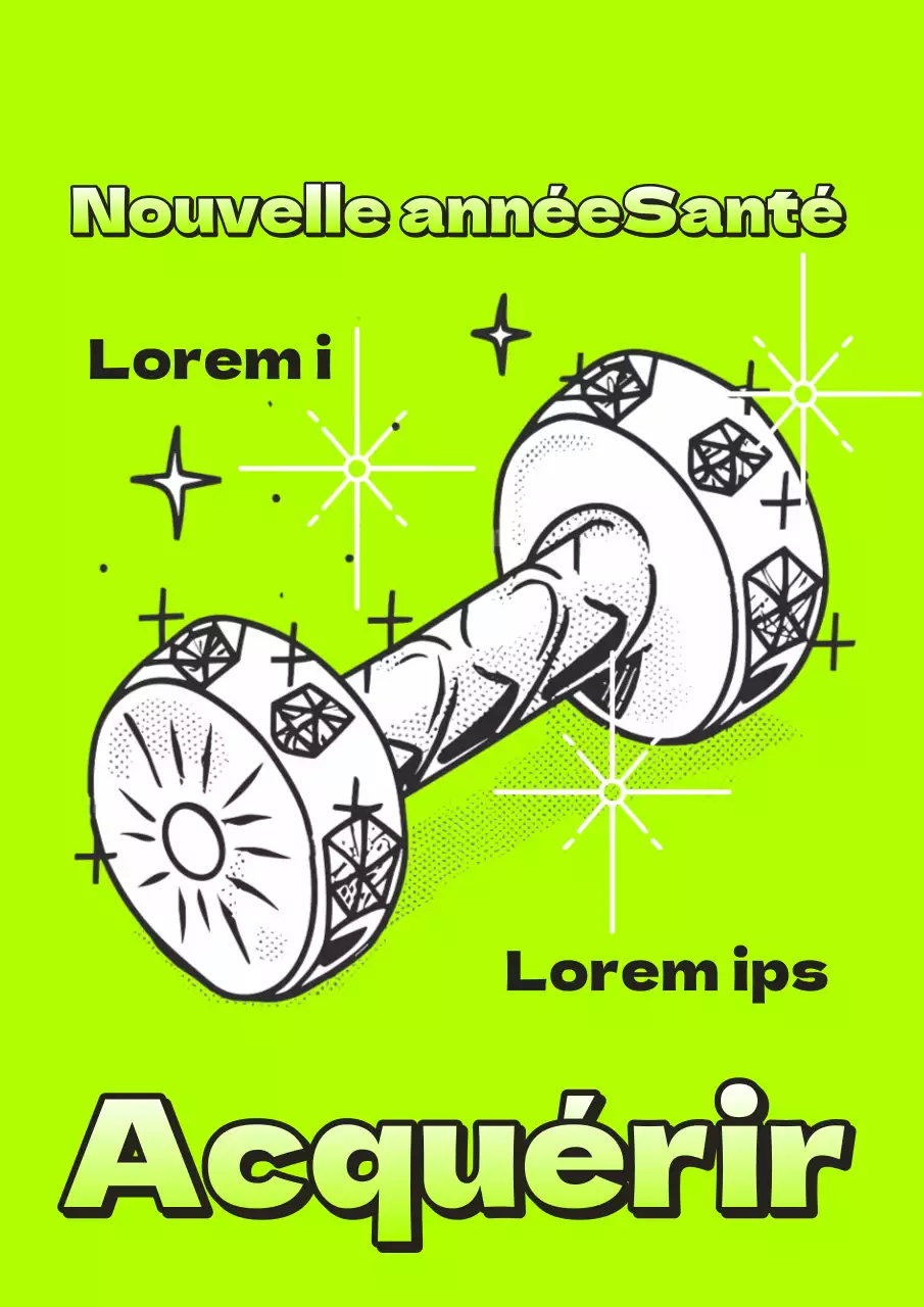 Une publicité pop-art pour les soldes de la salle de sport du Nouvel An, dans des couleurs et un vert fluorescents.