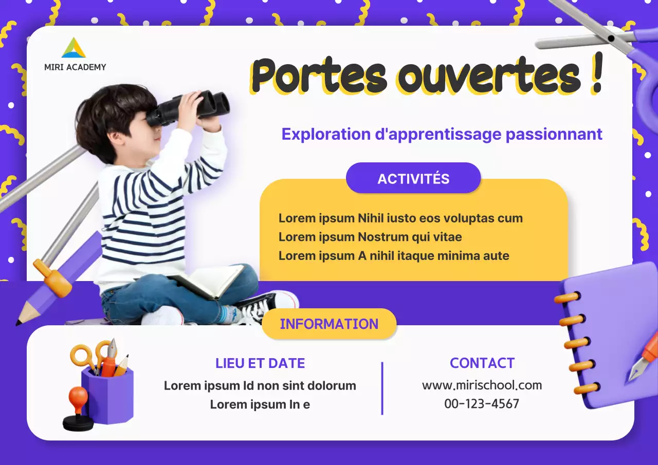 Publicité pour la journée portes ouvertes de l'école, en violet et blanc, très tendance