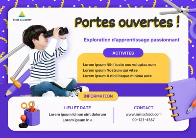 Publicité pour la journée portes ouvertes de l'école, en violet et blanc, très tendance
