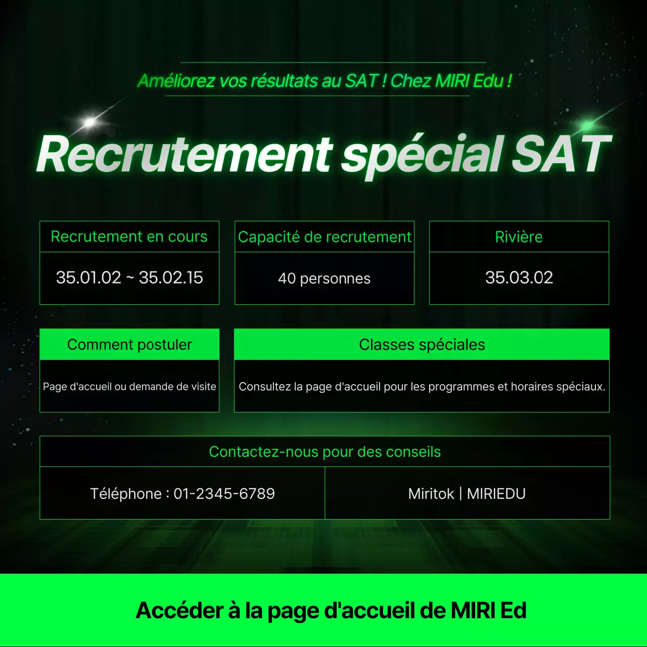 Promotion d'une école secondaire préparant au SAT, en couleurs fluo et dans un style cybernétique.