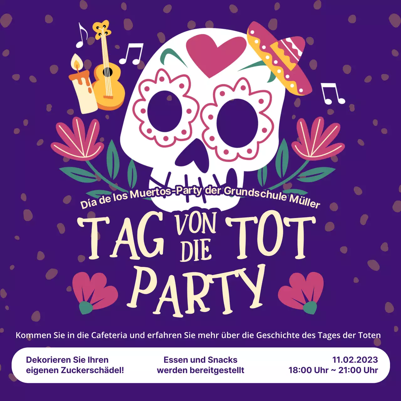 Lila und gelb trendy Tag der Toten Party Einladung