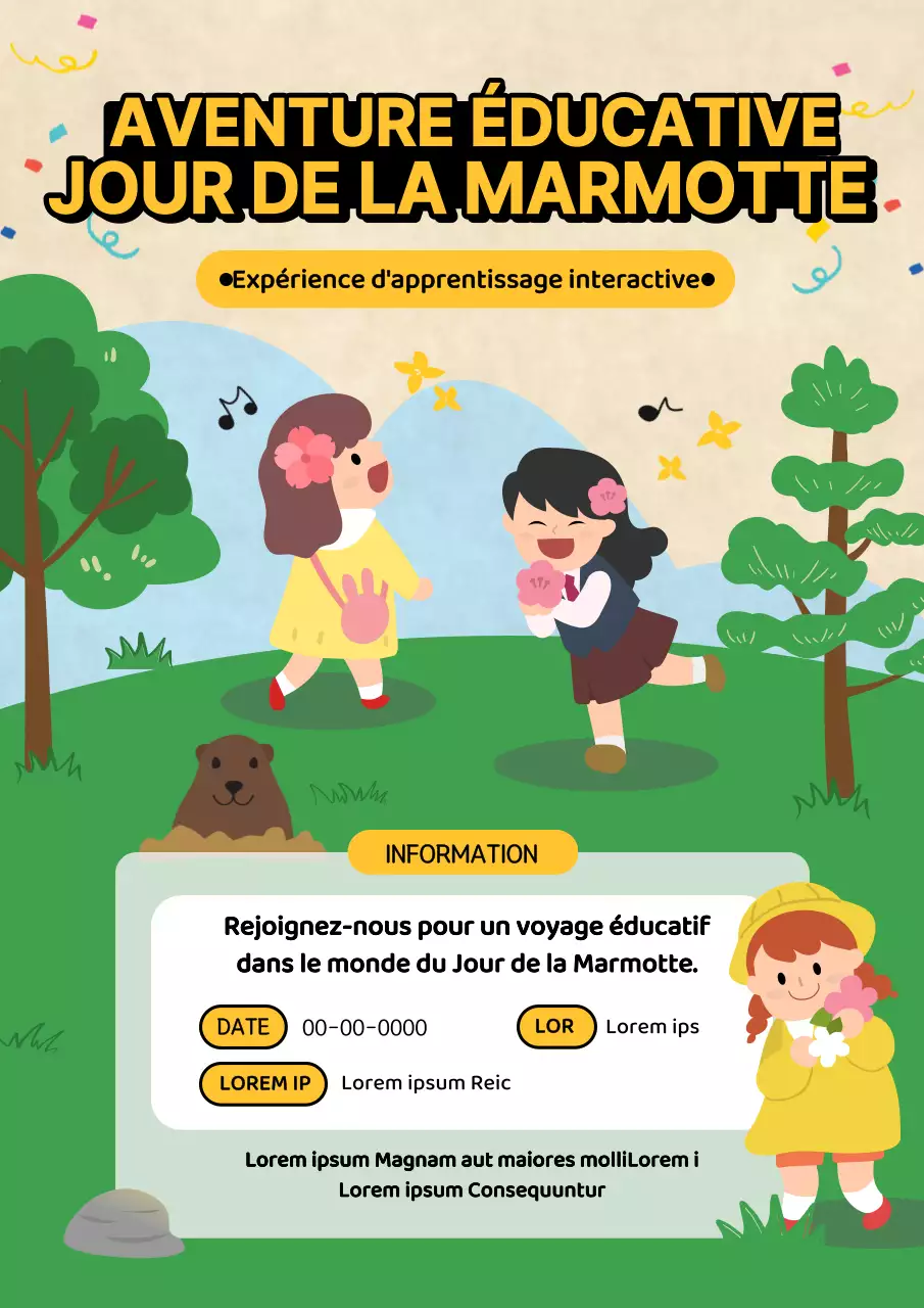 Publicité verte et jaune pour le camp du jour de la marmotte