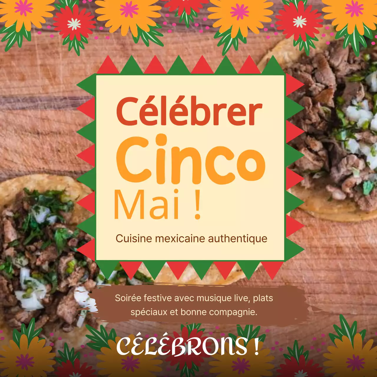 Publicité pour le restaurant Cinco de Mayo (jaune et orange)