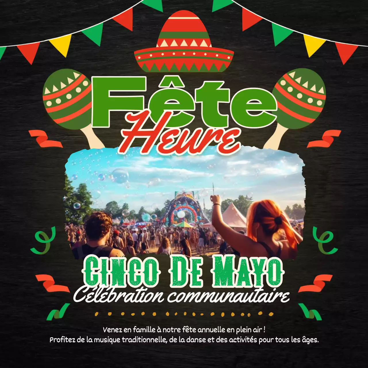 Invitation à l'événement communautaire Cinco de Mayo Kitsch noir et vert
