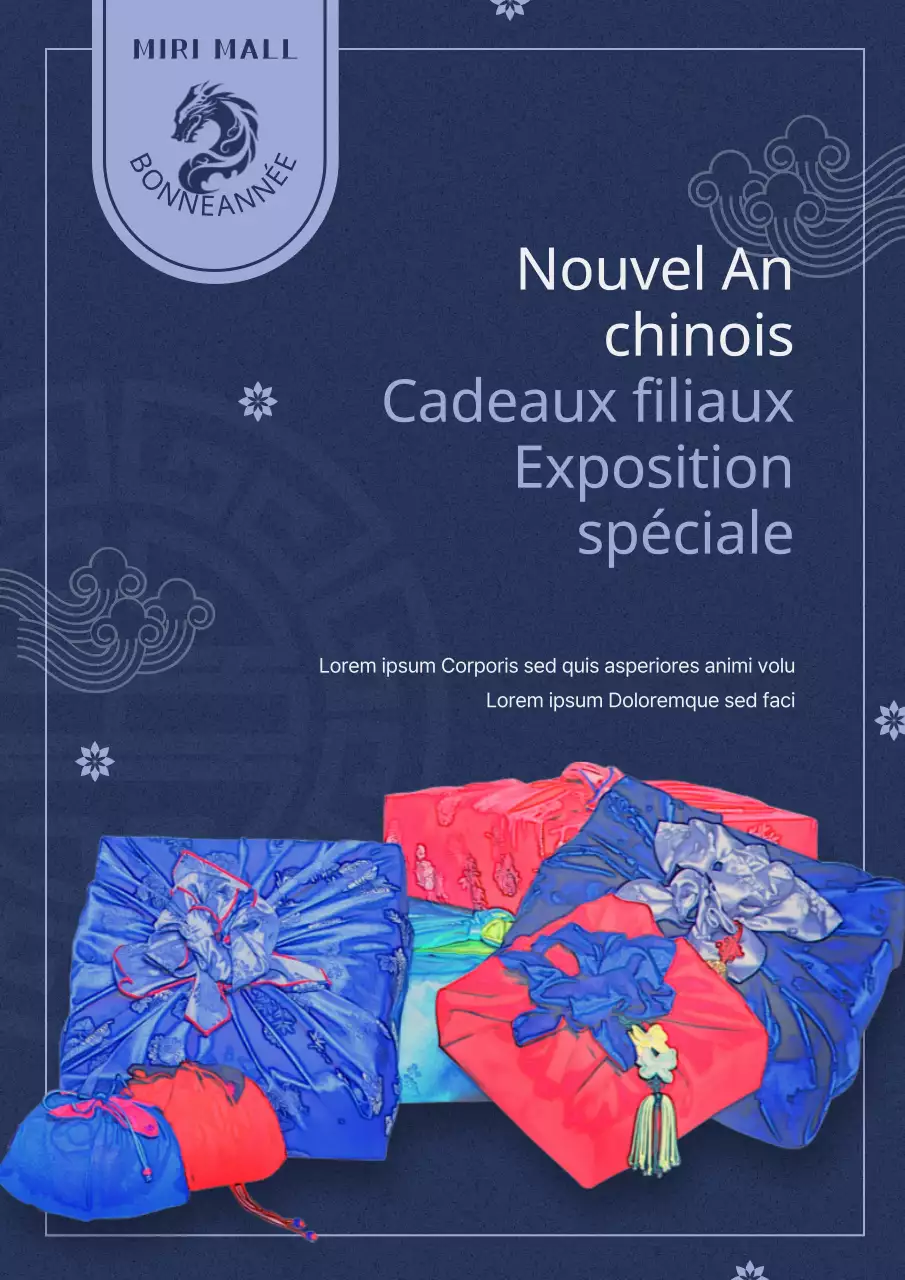 Une publicité rétro pour le Nouvel An chinois en bleu marine et mauve.