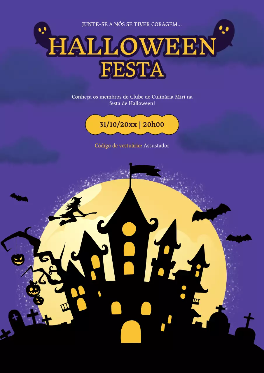 Convite de festa de Halloween de fantasia roxa e amarela