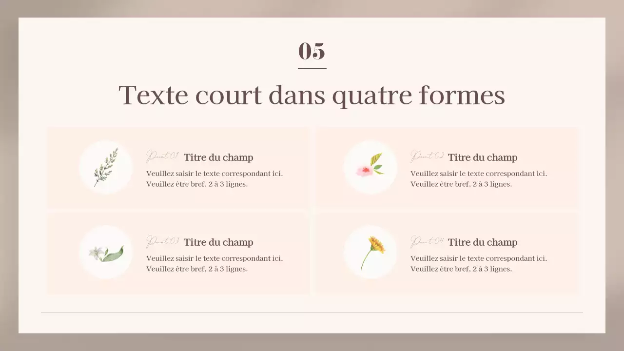 Présentation classique de cartes florales en beige