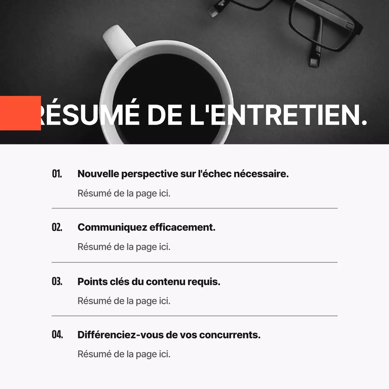 Une lettre de motivation moderne, en noir et blanc et orange, pour un entretien avec un entrepreneur