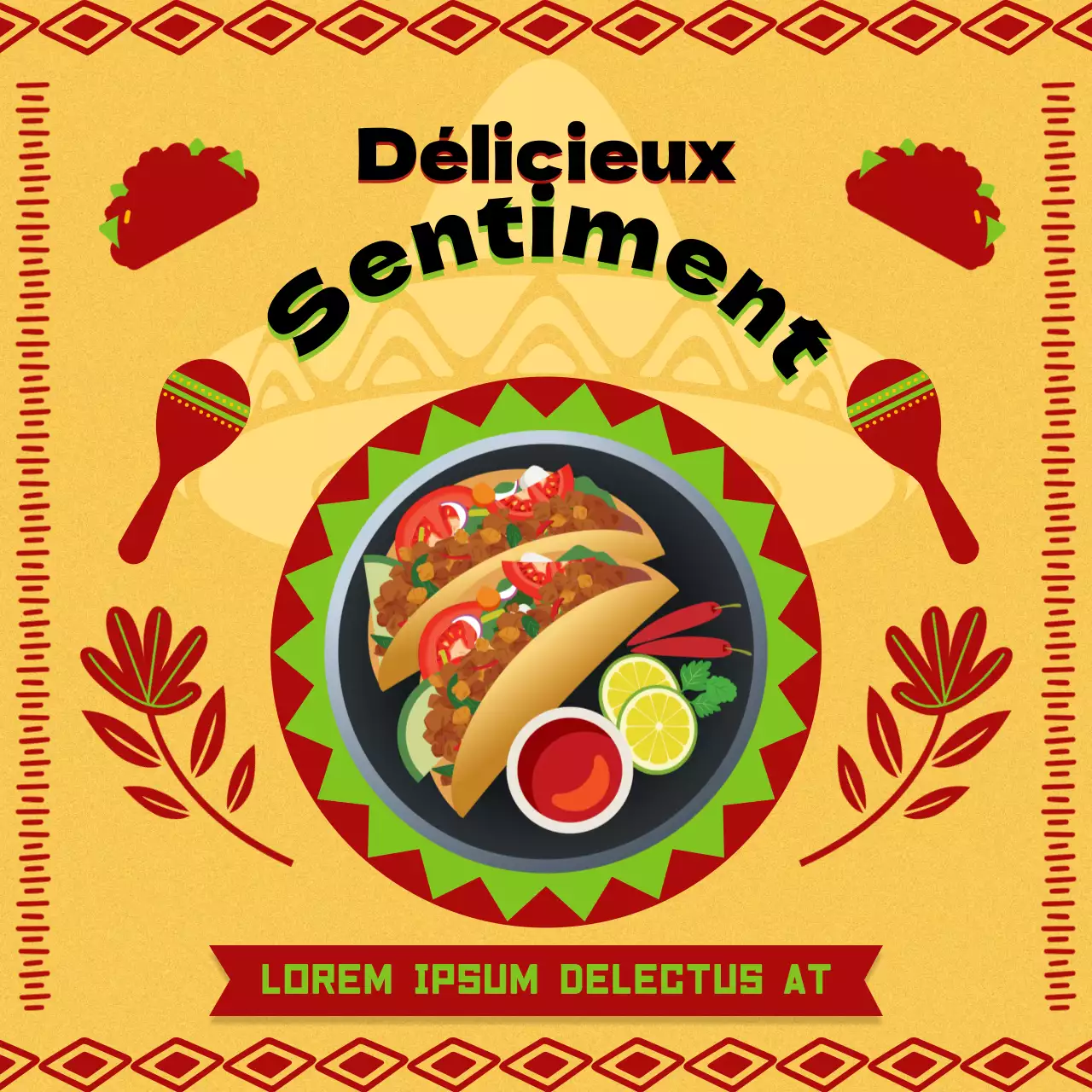 Publicité géométrique jaune et rouge pour le restaurant Taco