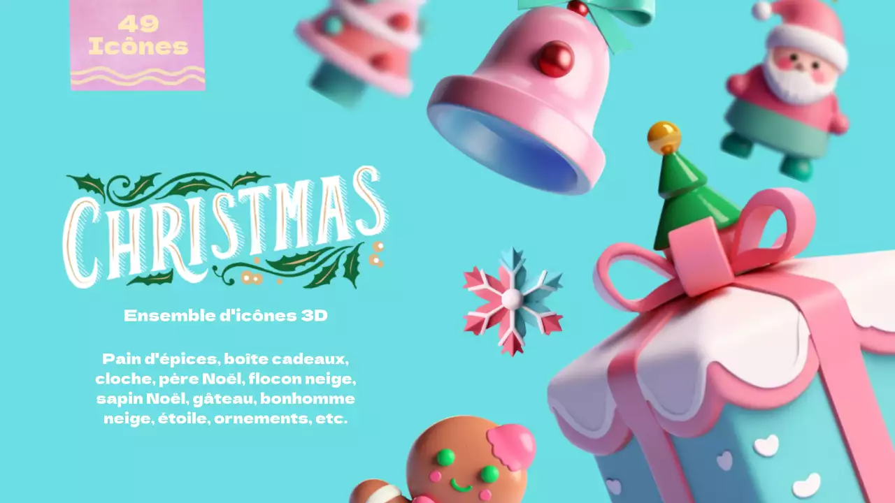 Décorations de Noël 3D bleu clair et rose