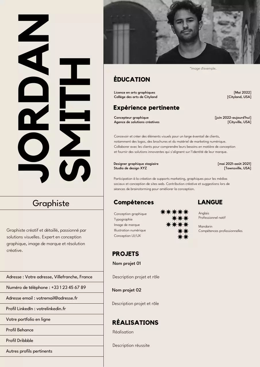 Curriculum vitae de graphiste tendance noir et beige