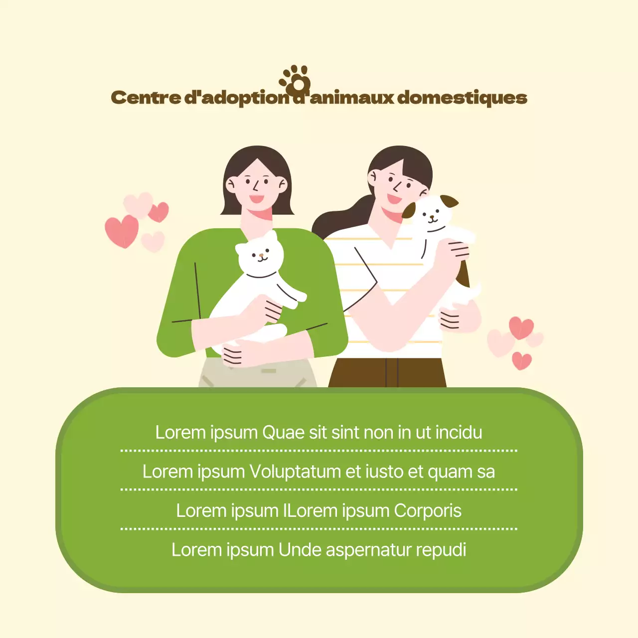 Promouvoir le centre d'adoption d'animaux jaune et vert.