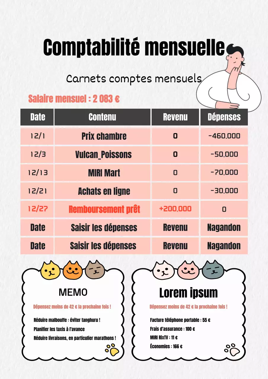 Agenda ménager mensuel minimaliste en rose et noir