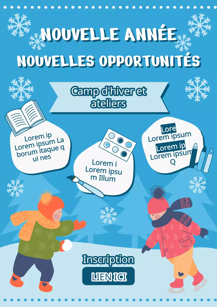 Matériel promotionnel pour un camp de vacances d'hiver pour enfants avec un concept d'illustration mignon en bleu clair et blanc.