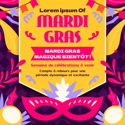 Publicité pour le compte à rebours de Mardi Gras, jaune et rose vif, en kitsch