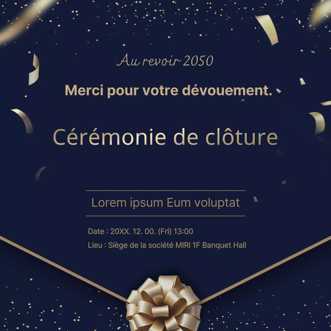 Une annonce de fermeture d'entreprise de grande classe en bleu marine et or