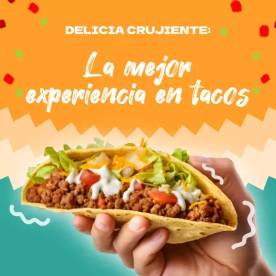 Anuncio de un restaurante de tacos de moda en naranja y menta