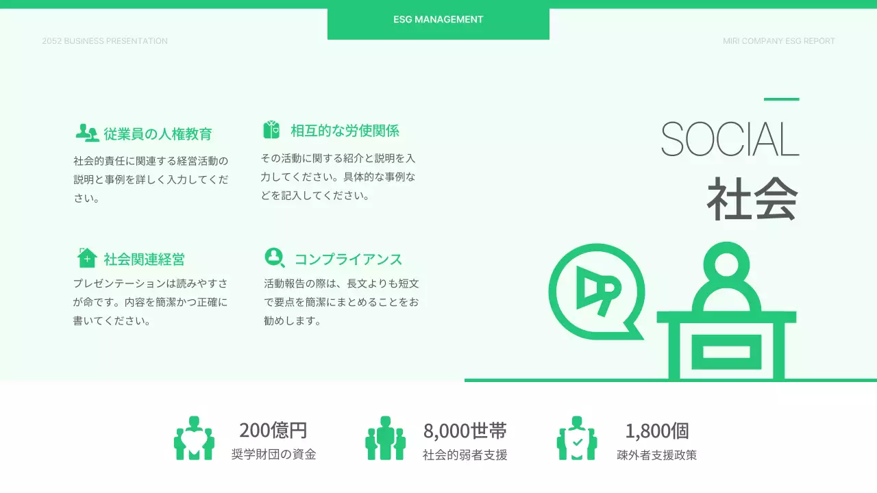 薄緑と白のシンプルな企業ESG報告書