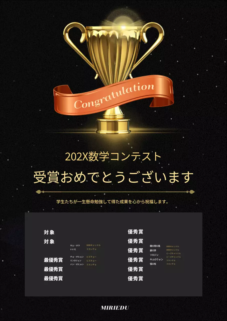 金色とオレンジがポイントの金色のトロフィーイメージで高級感のある学園広報受賞リスト