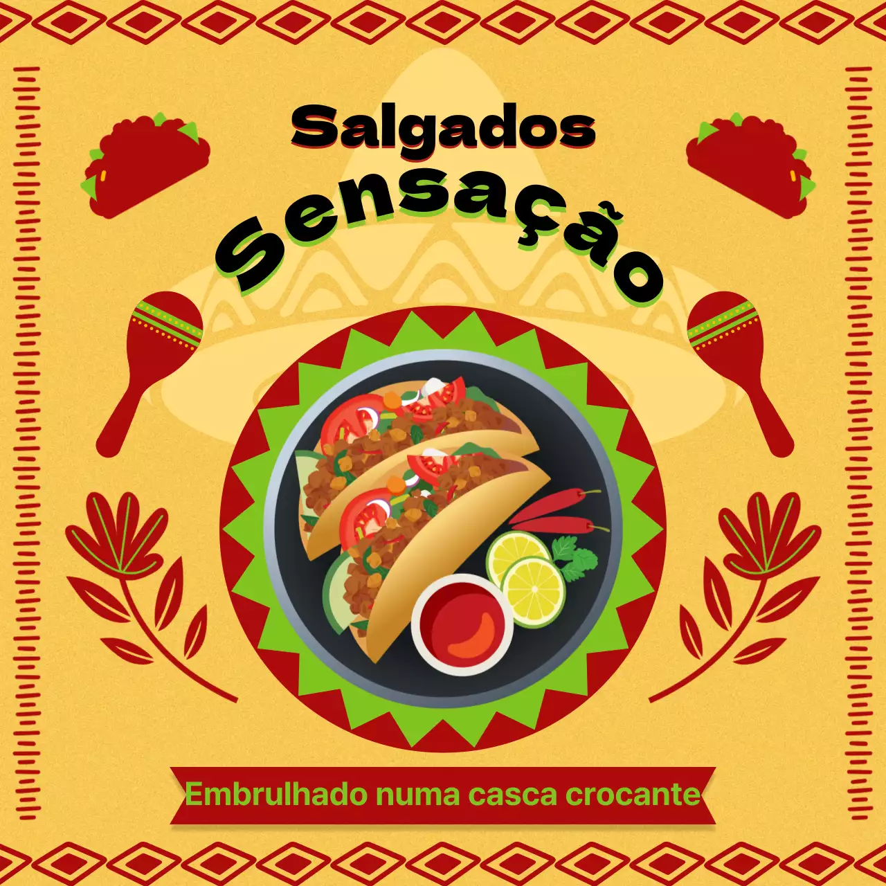 Publicidade geométrica amarela e vermelha do restaurante Taco