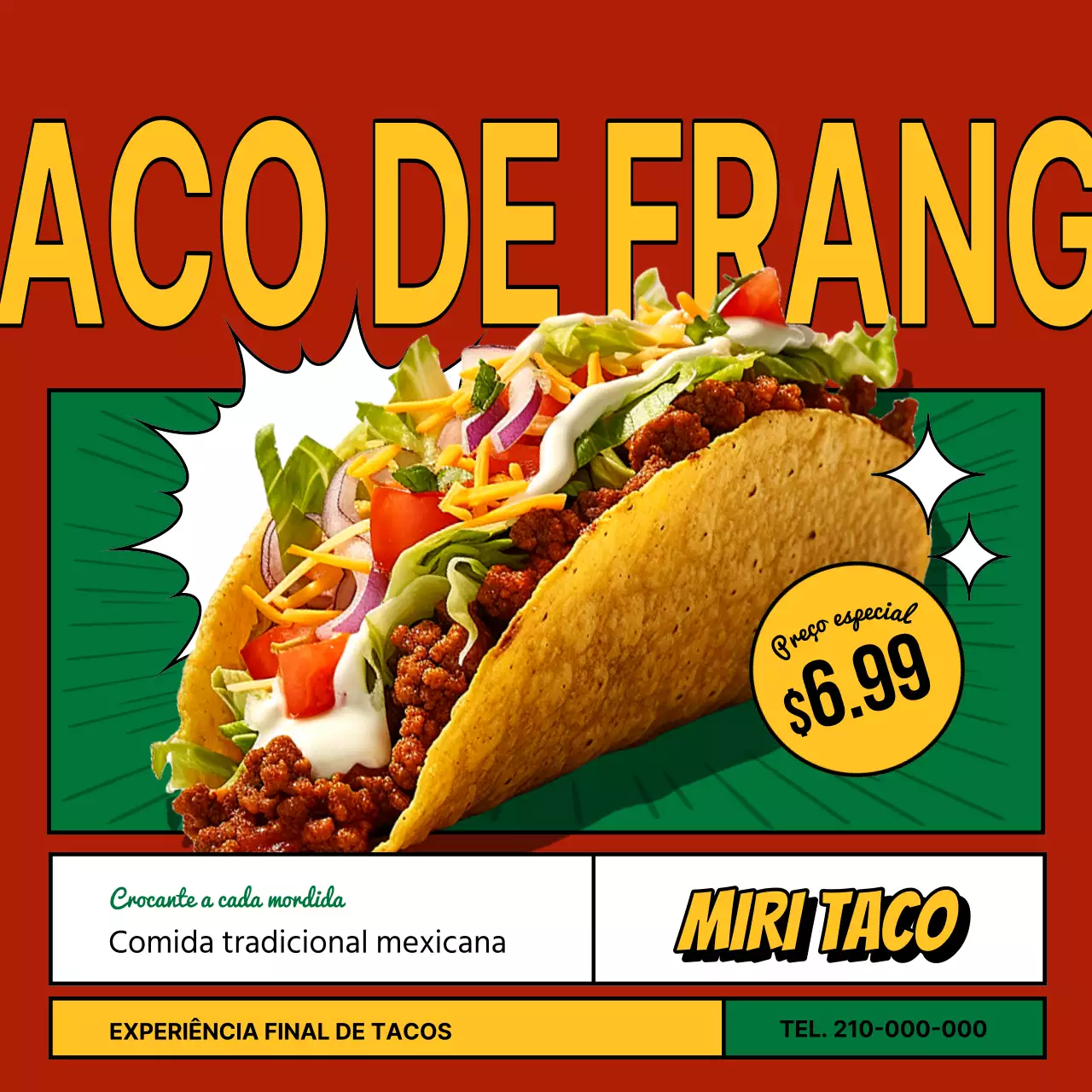Promoção de um restaurante de tacos pop art com vermelho e verde
