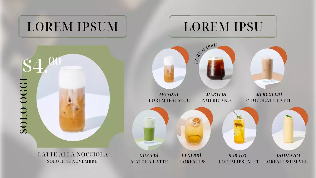 Planner pubblicitario verde e arancione per negozi eleganti