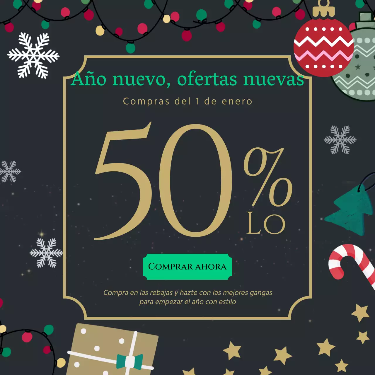 Anuncio de Ofertas de Año Nuevo Gris y Dorado
