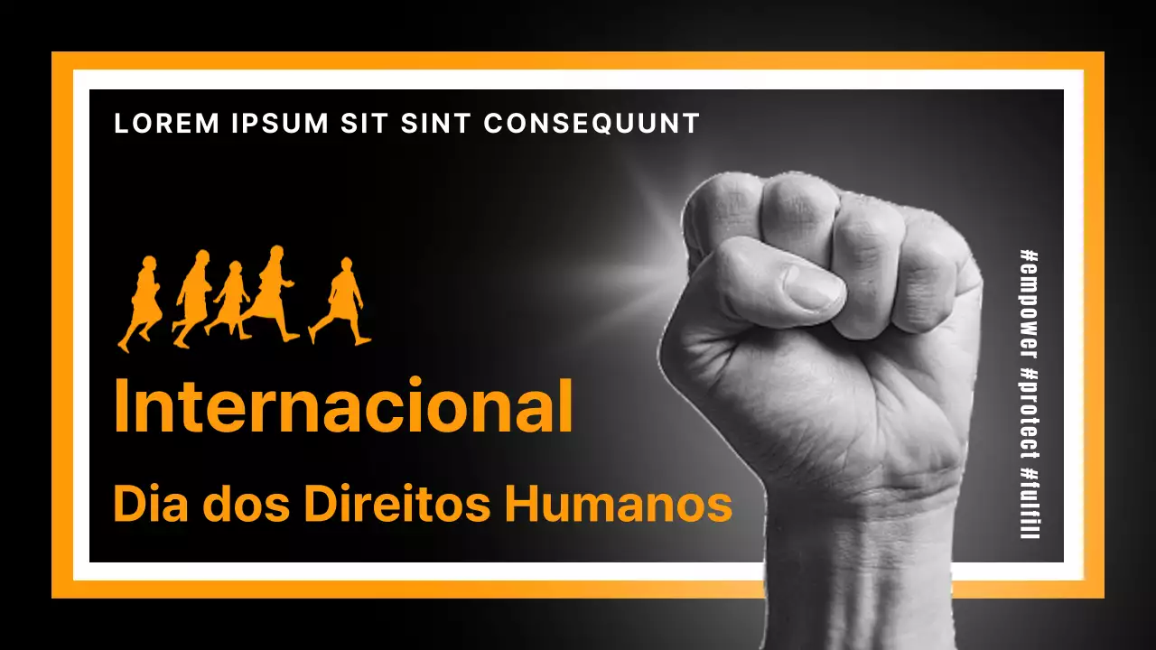 Anúncio do Dia dos Direitos Humanos em preto e laranja