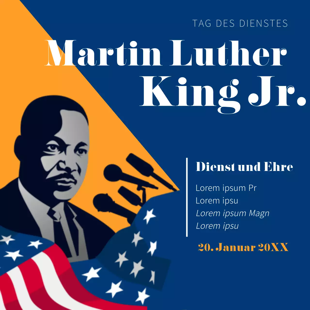 Blaue und orangefarbene klassische Martin-Luther-King-Tag-Werbung