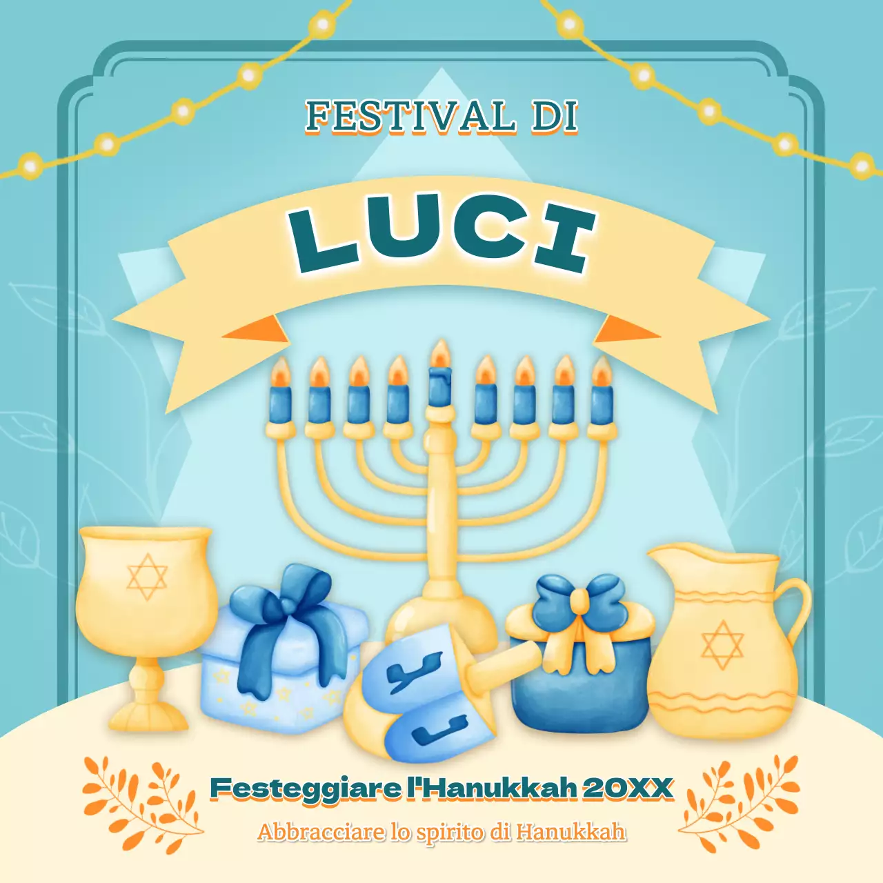 Pubblicità classica per la celebrazione di Hanukkah in blu e giallo.