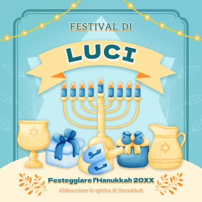 Pubblicità classica per la celebrazione di Hanukkah in blu e giallo.