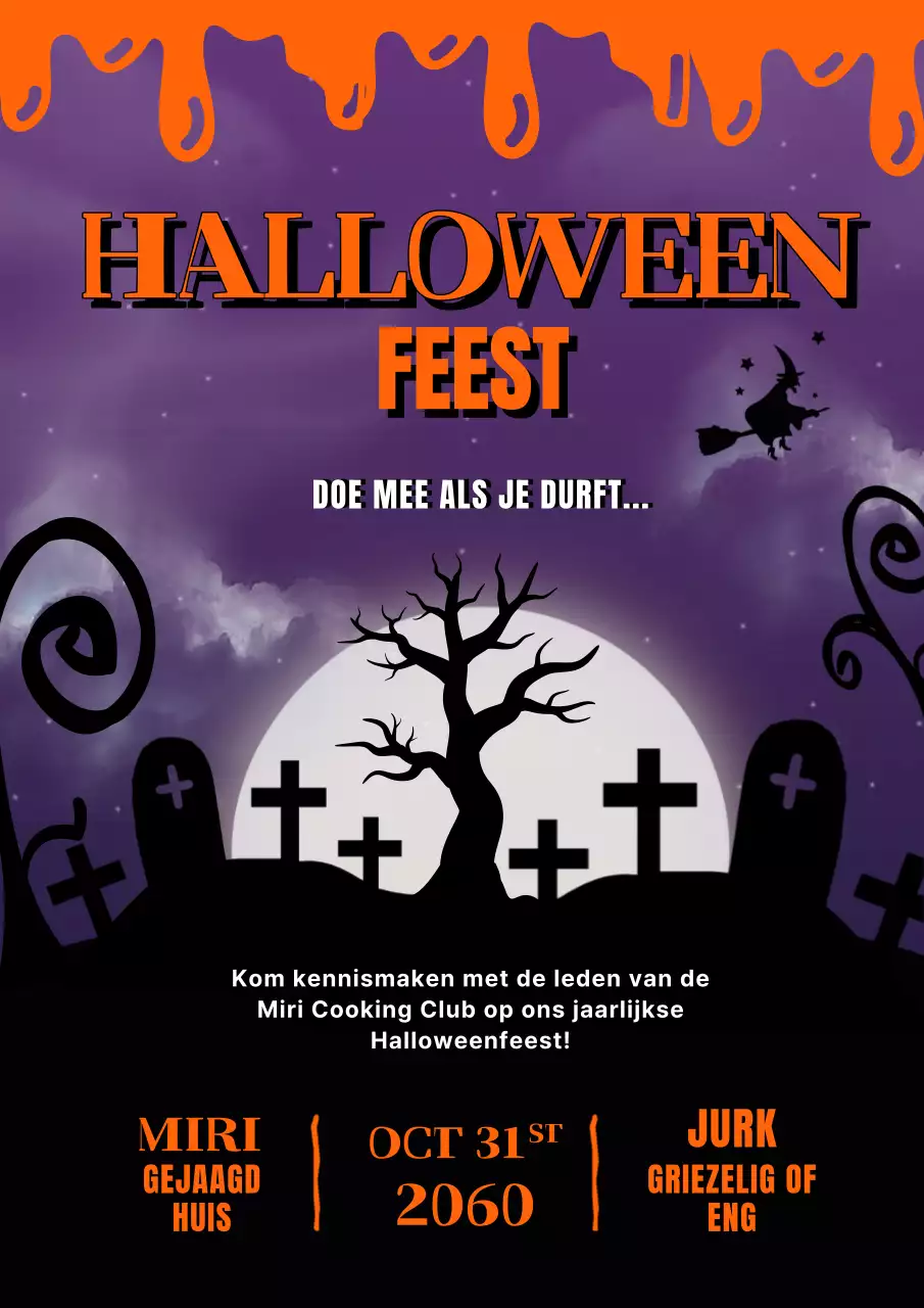 Paars en oranje uitnodiging voor Halloweenfeest