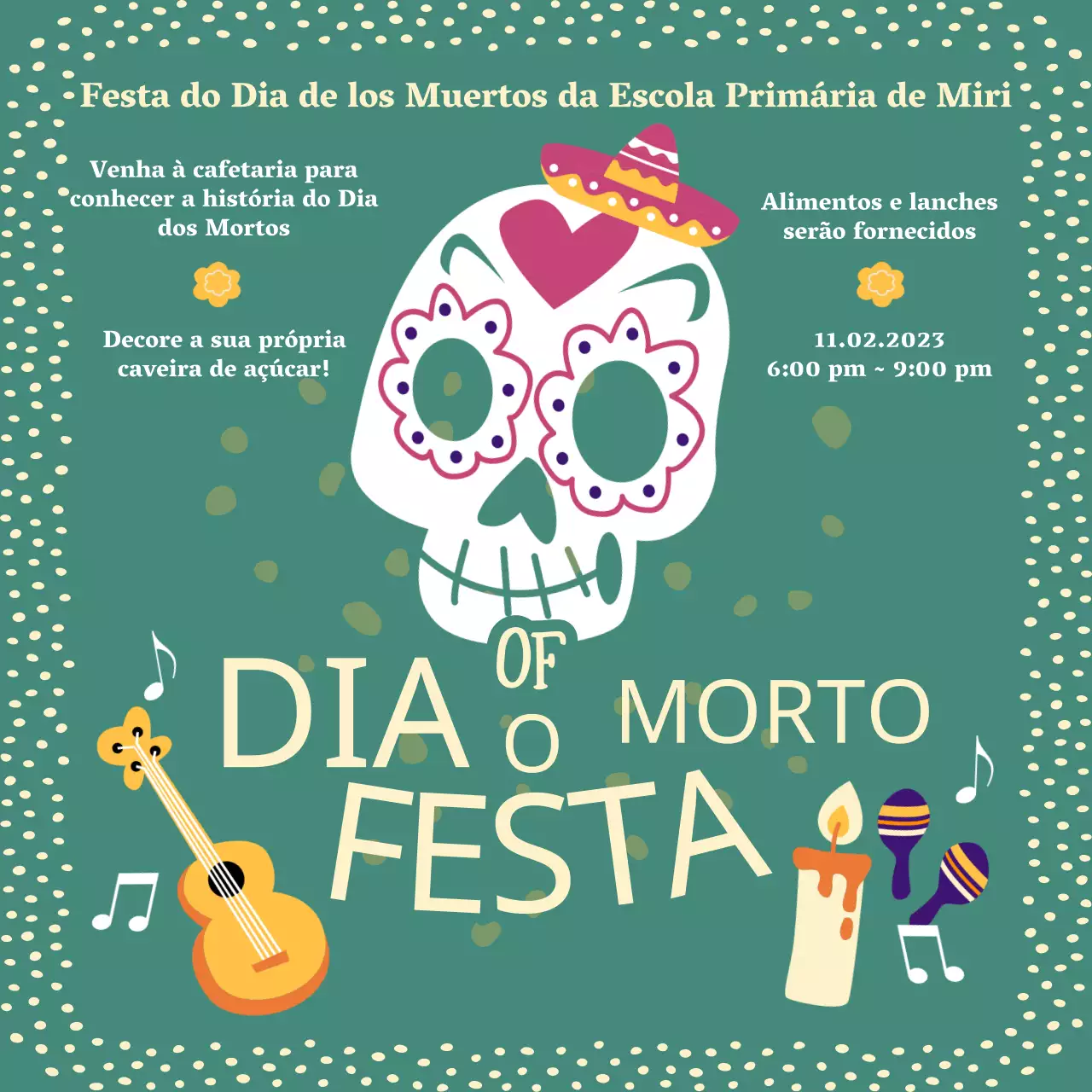 Convite Dia dos Mortos verde e amarelo da moda