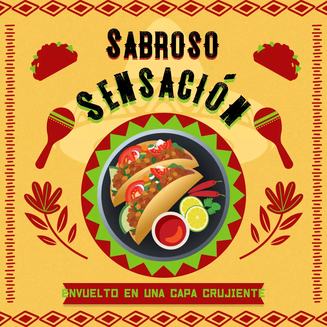 Publicidad geométrica amarilla y roja de un restaurante de tacos