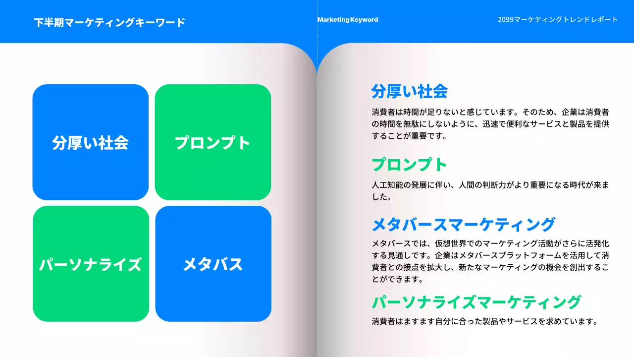 青 シンプル マーケティング レポート プレゼンテーション