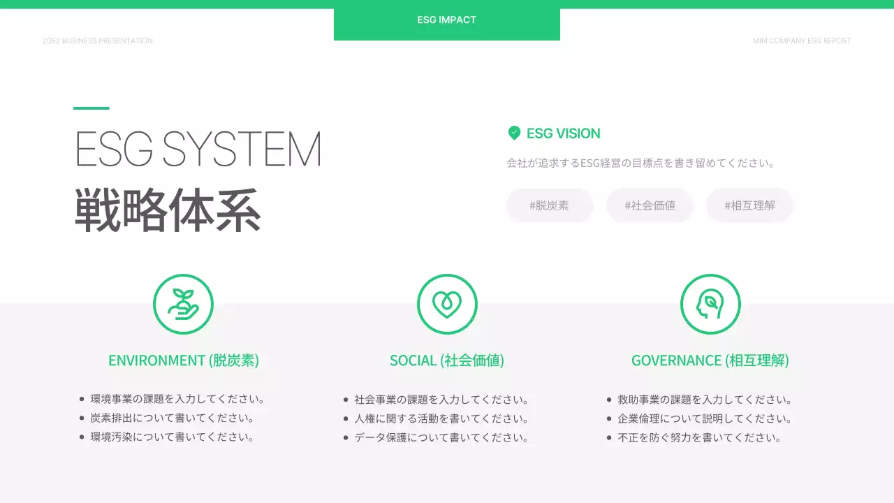 薄緑と白のシンプルな企業ESG報告書