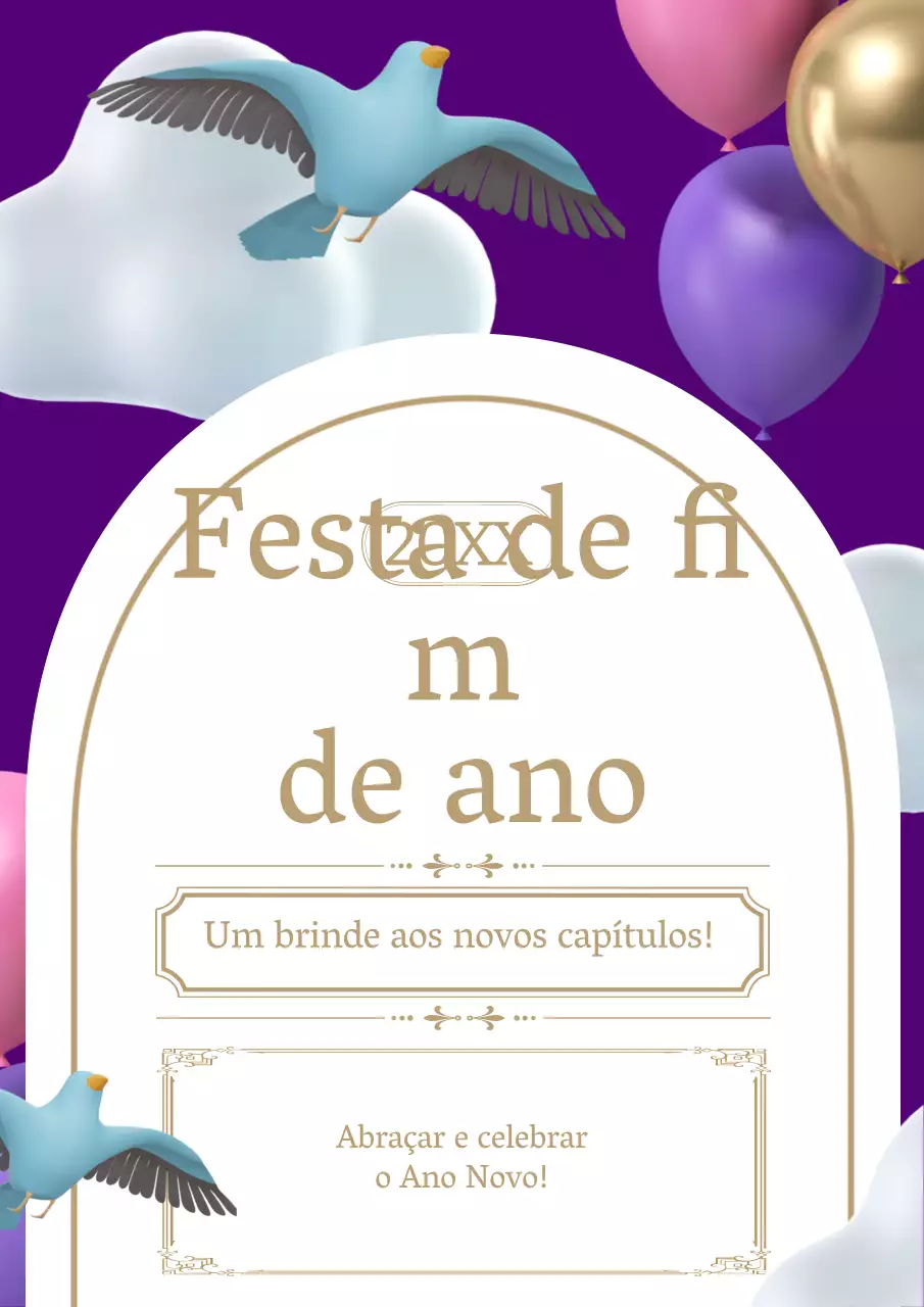 Convite de celebração do Ano Novo roxo e dourado na moda