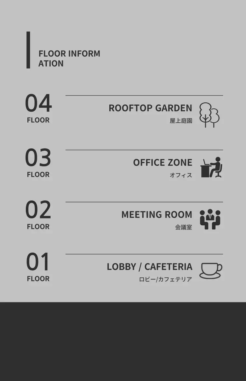 グレーとダークグレーの組み合わせで、アイコンと階ごとの案内が記載されたウィンドウフラグ。