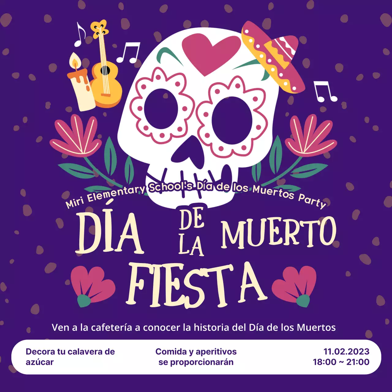 Invitación de moda para la fiesta del Día de los Muertos en morado y amarillo