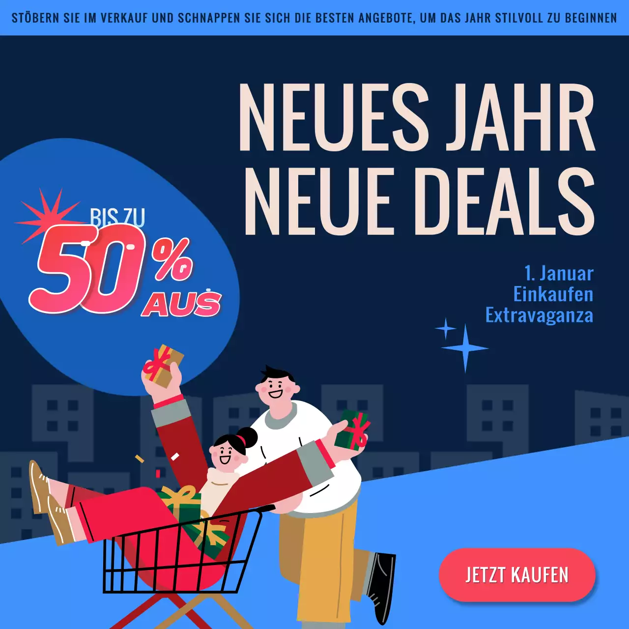 Marineblaue und rote lustige Neujahrs-Deal-Werbung